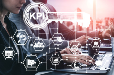 KPI Key Performance Indicator for Business Concept - Modern graphic interface showing symbols of...