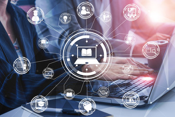E-learning and Online Education for Student and University Concept. Graphic interface showing...