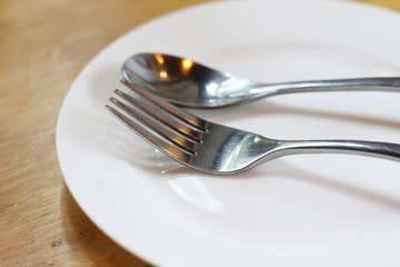 fork and spoon on the plate background.