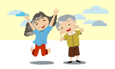 Healthy elderly couple jumping, play with joy, vector