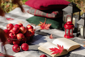 Autumn warm days. Indian summer. Picnic in the garden - blanket and pillows of gray, burgundy and green color on the background of autumn leaves.