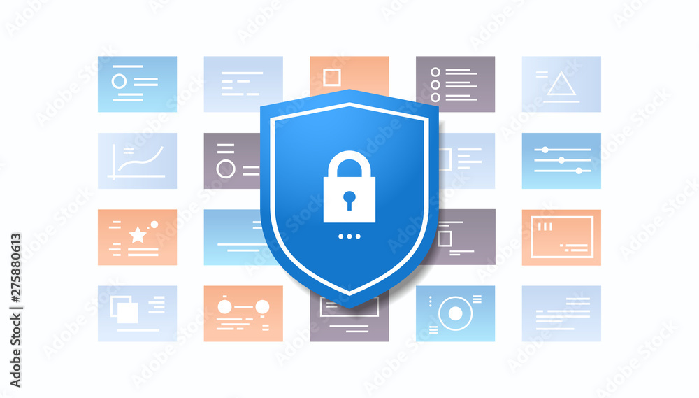 Poster shield with padlock desktop or mobile application user interface software security data protection concept flat horizontal