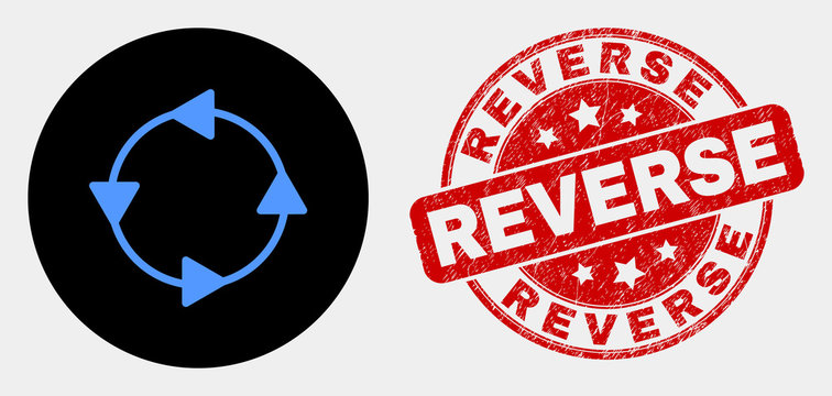 Rounded CCW Circulation Arrows Icon And Reverse Stamp. Red Rounded Scratched Seal Stamp With Reverse Text. Blue CCW Circulation Arrows Icon On Black Circle.