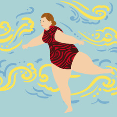Vector illustration of fat woman posing yoga in pastel background