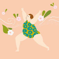 Vector illustration of fat woman posing yoga in pastel background