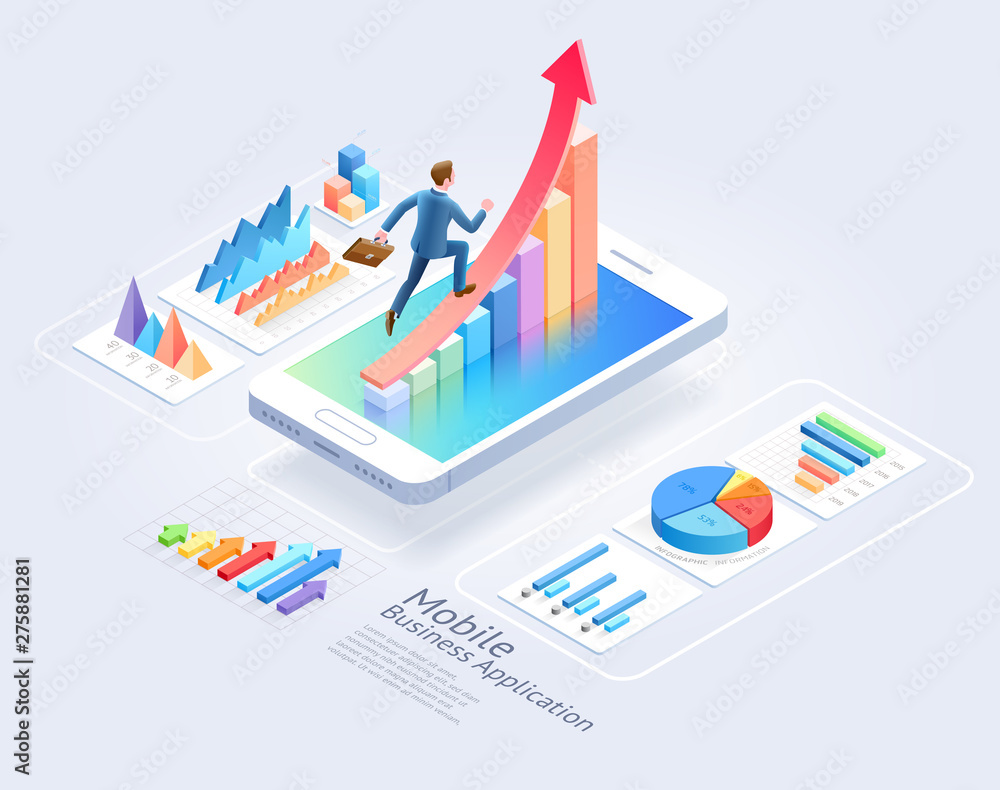 Wall mural mobile business applications website ui design. businessman running on red arrow and infographic iso