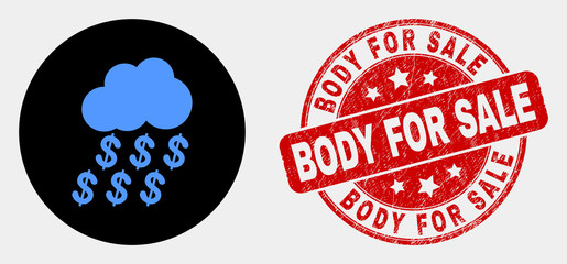 Rounded dollar rain cloud icon and Body for Sale seal stamp. Red rounded grunge seal with Body for Sale caption. Blue dollar rain cloud icon on black circle. - obrazy, fototapety, plakaty