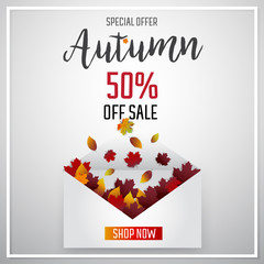 Autumn leaves sale festival  vector design background. Fall color nature background.