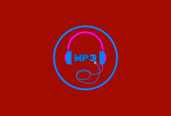 Illustration with MP3 text, very popular lossy compression audio coding format, MPEG Layer III audio. Sound file format. Digital technology. Headset graphic. Icon, button on burgundy background.