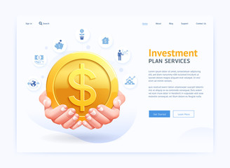 Business digital page website UI design. Hand Holding Gold Coins vector illustrations.