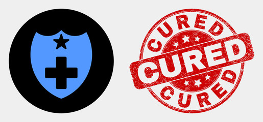 Obraz premium Rounded medical shield icon and Cured seal stamp. Red rounded scratched seal with Cured caption. Blue medical shield icon on black circle. Vector combination for medical shield in flat style.