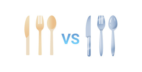 plastic vs stainless steel spoon fork and knife cutlery set zero waste concept flat white background