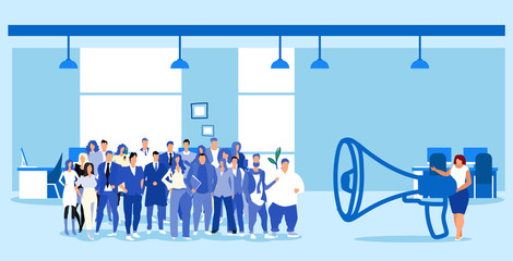 overweight businesswoman holding megaphone loudspeaker screaming at businesspeople group employees team leader information announcement concept modern office interior sketch horizontal