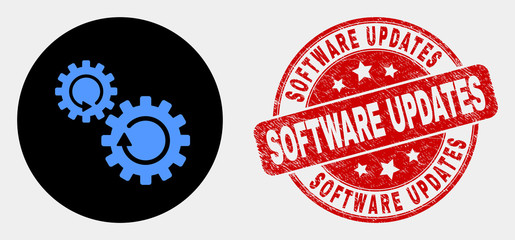 Rounded gears rotation icon and Software Updates seal. Red rounded scratched seal stamp with Software Updates caption. Blue gears rotation icon on black circle.