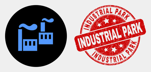 Rounded industrial factory pictogram and Industrial Park seal stamp. Red rounded textured seal stamp with Industrial Park text. Blue industrial factory icon on black circle.