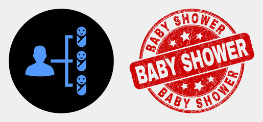 Rounded newborn parent links icon and Baby Shower seal stamp. Red rounded scratched seal stamp with Baby Shower text. Blue newborn parent links symbol on black circle.