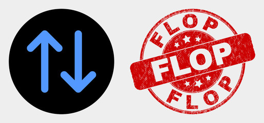Rounded vertical exchange arrows icon and Flop seal stamp. Red rounded scratched seal with Flop caption. Blue vertical exchange arrows icon on black circle.