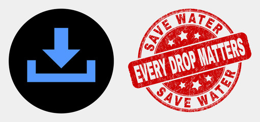 Rounded download icon and Save Water Every Drop Matters seal. Red rounded textured seal stamp with Save Water Every Drop Matters text. Blue download icon on black circle.