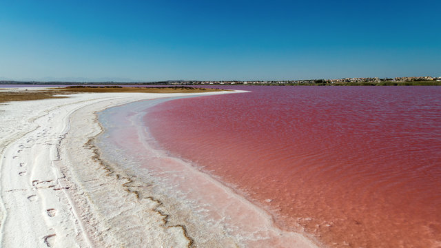 The red-colored salt lagoon of the Spanish city of Torrevieja. The white salt looks like snow. There are footprints to see.