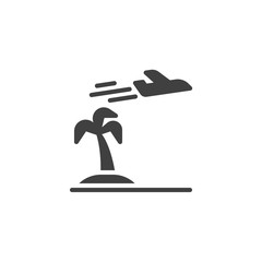 Island travel vector icon. filled flat sign for mobile concept and web design. Tropical beach palm tree and plane glyph icon. Summer vacation symbol, logo illustration. Vector graphics