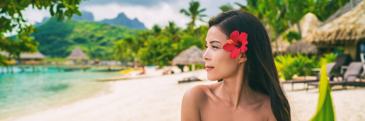 Asian natural beauty woman wellness spa skincare banner panorama on tropical beach background.