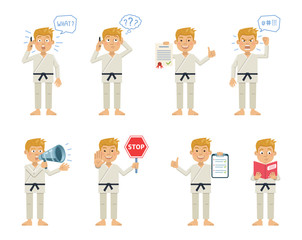 Set of karate characters posing in different situations. Cheerful martial artist talking on phone, thinking, surprised, angry, holding stop sign, loudspeaker, clipboard. Flat vector illustration