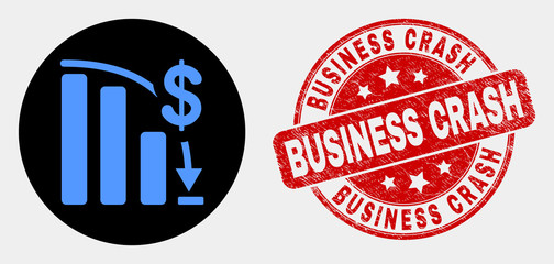 Rounded bankruptcy bar chart icon and Business Crash seal. Red rounded grunge watermark with Business Crash text. Blue bankruptcy bar chart icon on black circle.
