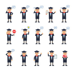 Big set of graduate student characters showing different actions, emotions, gestures. Cheerful graduate talking on phone, holding stop sign, book and doing other actions. Simple vector illustration