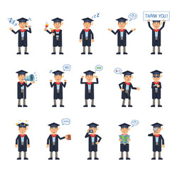 Big set of graduate student characters showing different actions, gestures, emotions. Cheerful graduate singing, sleeping, holding banner, map and doing other actions. Simple vector illustration