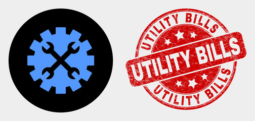 Rounded tools gear icon and Utility Bills seal stamp. Red rounded textured stamp with Utility Bills text. Blue tools gear icon on black circle. Vector composition for tools gear in flat style.