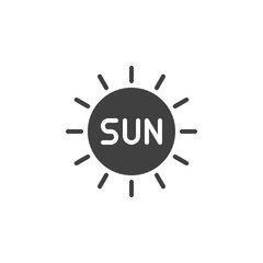 Sun shining vector icon. filled flat sign for mobile concept and web design. Sun text inside sun glyph icon. Summer season symbol, logo illustration. Vector graphics
