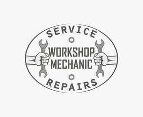 Illustration of service and repair. Hand with key and text. Advertising workshop.