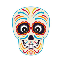 Mexican sugar skull with colorful ornament. Vector illustration in cartoon flat style. Day of the death.