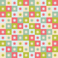 Festive seamless repeat pattern of geometric squares and stars. A Christmas vector design in green,red and cream.