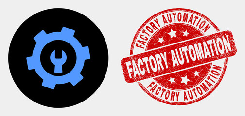 Rounded repair gear pictogram and Factory Automation seal stamp. Red rounded scratched stamp with Factory Automation text. Blue repair gear icon on black circle.