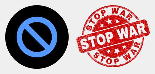 Rounded forbidden icon and Stop War watermark. Red rounded distress watermark with Stop War text. Blue forbidden icon on black circle. Vector combination for forbidden in flat style.