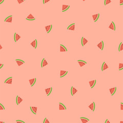 Kid's seamless pattern. Smiling watermelon. Exotic fruit fashion print. Design elements for baby textile or clothes. Hand drawn doodle repeating delicacies. Cute pink tropical wallpaper for children