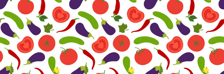 Vegetables seamless pattern. Tomato, cucumber, pepper, chili and eggplant. Paprika. Hand drawn doodle vector sketch. Healthy food collection. Vegetarian product. Vegan menu