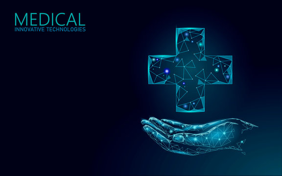 Medical cross symbol doctor online concept. Medical consultation app. Web healthcare diagnosis geometric modern hospital network banner. Calling pharmacy market background low poly