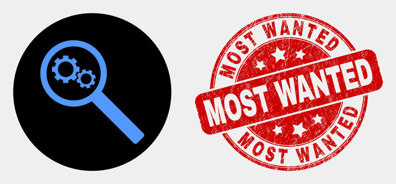 Rounded gears audit icon and Most Wanted seal stamp. Red rounded textured seal stamp with Most Wanted text. Blue gears audit icon on black circle. Vector combination for gears audit in flat style.