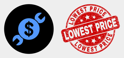 Rounded wrench repair price icon and Lowest Price seal. Red rounded scratched seal stamp with Lowest Price caption. Blue wrench repair price icon on black circle.