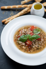 White plate of italian spelt and minestrone soup with grissini and olive oil, vertical shot, close-up
