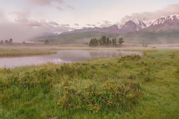 lake mist mountains dawn reflection