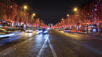 Avenue des Champs Elysees and Arc de Triomphe at night, Paris