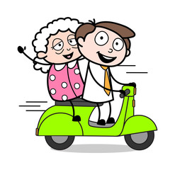 Riding Scooter with a Old Lady - Office Businessman Employee Cartoon Vector Illustration