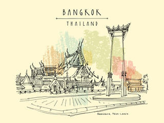 Bangkok, Thailand, Asia. Giant Swing (Sao Ching Cha) and Wat Suthat historical landmarks. Travel sketch. Artistic vintage hand drawn touristic postcard