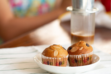 Homemade Banana cupcake with chocolate and cashew nut