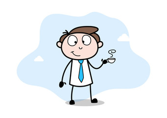 Holding a Cup of Tea - Office Businessman Employee Cartoon Vector Illustration