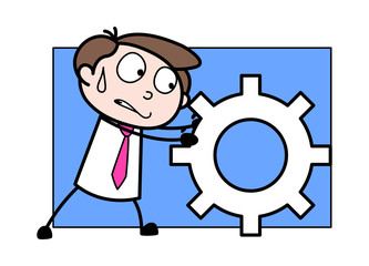Pulling a Gear Wheel - Office Businessman Employee Cartoon Vector Illustration