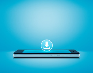 Download flat icon on modern smart mobile phone screen over gradient light blue background, Technology internet concept